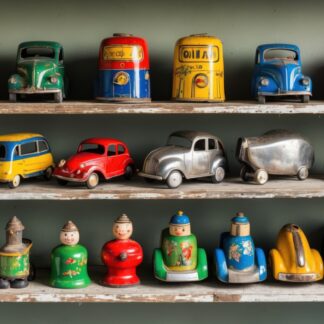 collection of tin toys on shelves